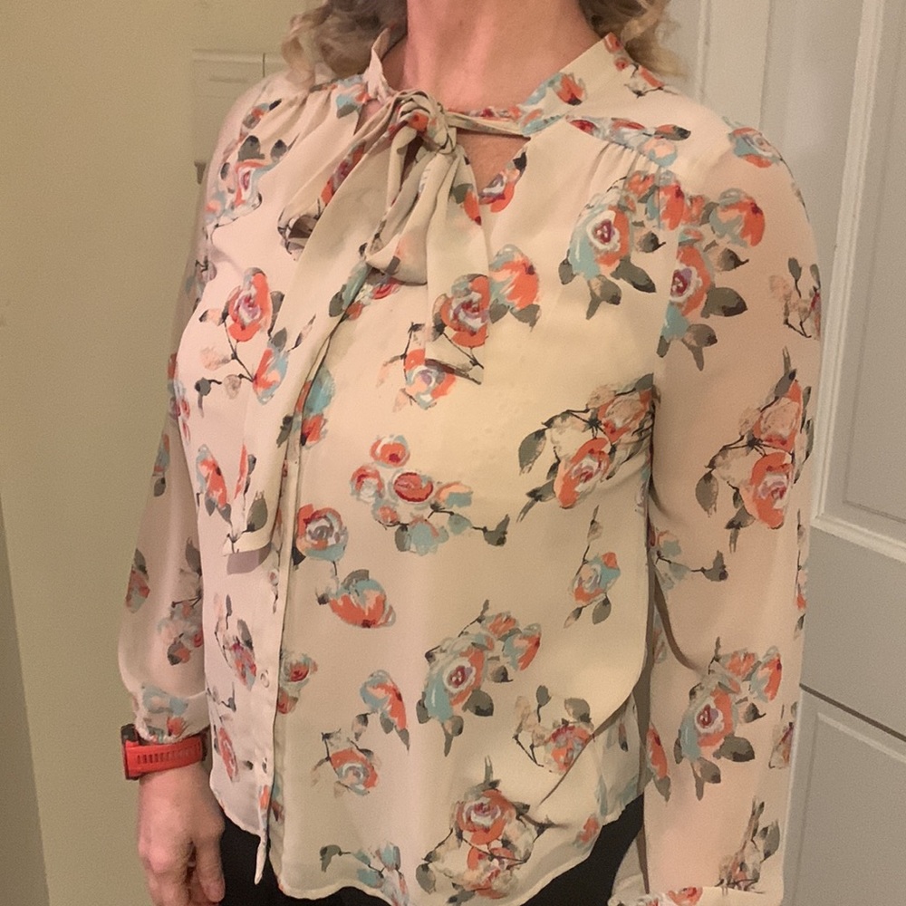 Tie-Neck Floral Blouse - Cream with Coral & Teal